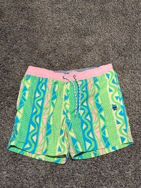 Men's Neon Green Patterned Swim Shorts with Pink Waistband